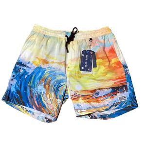 Baja Llama Mens Sunset Wave Print Swim Trunks Board Shorts Multicolor New